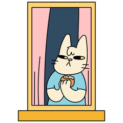 Window with cat eating bread cartoon illustration