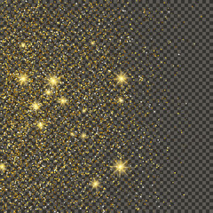 Gold glittering dust on transparent backdrop