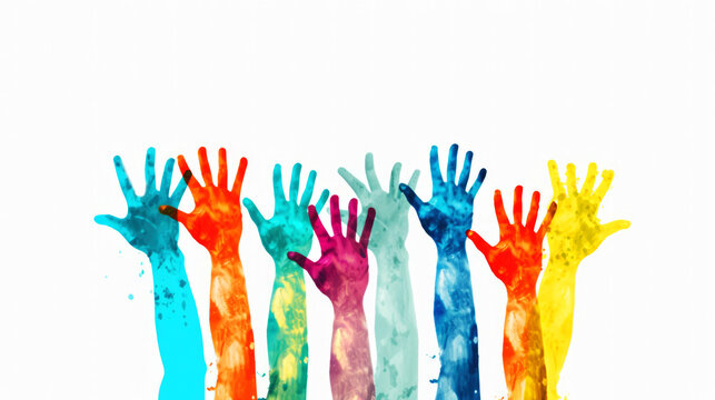 Watercolor style, hands multiethnic people vote, Charity donation, volunteer work, support and assistance, community, Teamwork businesspeople diversity of maintaining peace on the planet concept