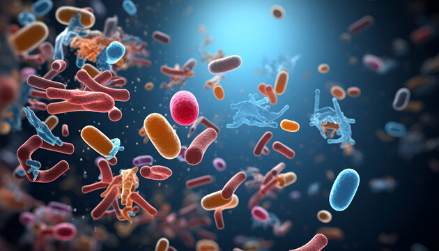 Microscope closeup view of bacteria cells, microbes colony cloud flowing, virus