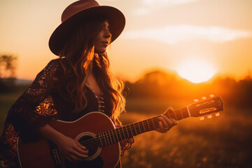 silhouette of a girl with a guitar on the background of a sunset in a field. young hippie woman in a hat. - obrazy, fototapety, plakaty