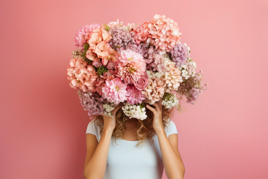 portrait of a young woman hiding behind a lush bouquet of different flowers. the girl holds buds and flowers in hands.