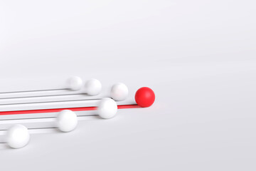 concept of leadership and differentiation, steps to excellence, and teamwork. red ball front white ball one way on white background. with copy space and business design. 3D rendering illustration