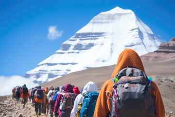 Expedition of pilgrims are going to the Holy mountain Kailash