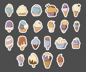 Ice cream sweet dessert. Sticker Bookmark. Cold tasty product. Vector drawing. Collection of design elements.