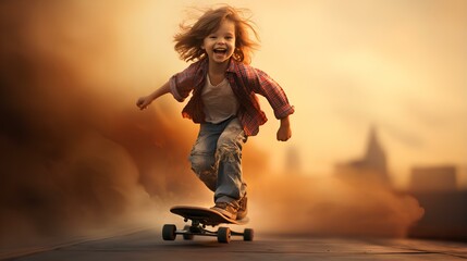 Happy joyful child riding a skateboard, close-up.