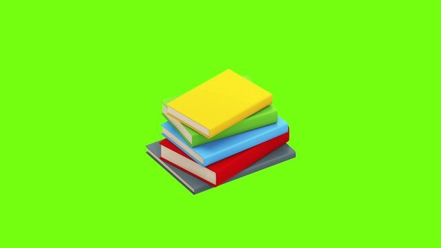 3D books icon animation on green screen. Books animation with key color. Chroma key