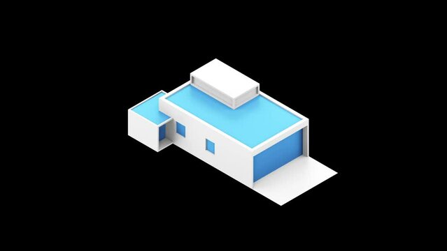 Animation of a modern building icon  with ALPHA channel. 3d rendering, transparent 
black background. real estate concept, House Loan, Rent, sale and Mortgage. Motion design stock footage