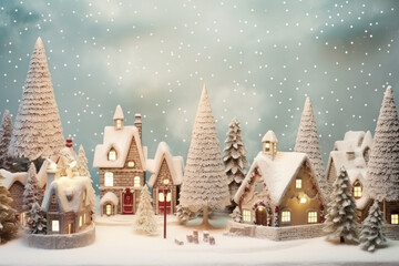 Snowy vintage Christmas village scene, embodying winter charm. Perfect for festive holiday cards.