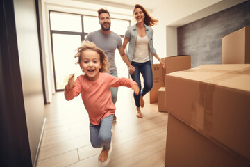 Fototapeta na wymiar Joyful Family Moving In: Excited Child, Happy Dad, New Home with Cardboard Boxes