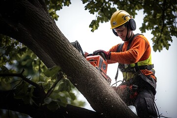 Arborist trims tree branch with chainsaw and heavy equipment. Photo generative AI - obrazy, fototapety, plakaty