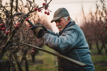 Naklejka premium Elderly farmer trims trees in winter orchard. Photo generative AI
