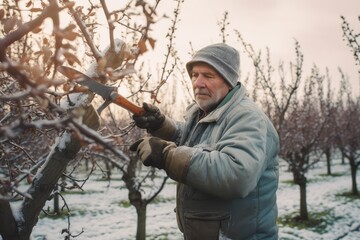 Obraz premium Elderly farmer trims trees in winter orchard. Photo generative AI