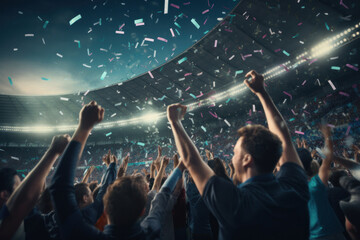 Roaring stadium, fans cheering for team, confetti showering in sports game.