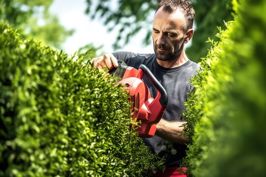Hedge trimmed with strimmer by man. Photo generative AI
