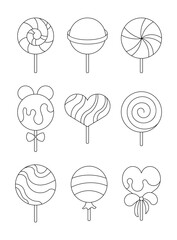 Lollipop candy stick. Coloring Page. Sweet confectionery. Vector drawing. Collection of design elements.