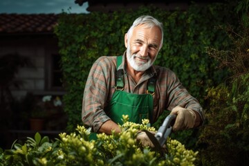 Happy senior gardener trimming hedge with scissors: a portrait. Photo generative AI