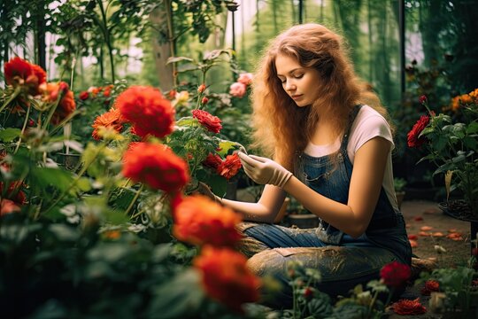 Relaxing gardening: Woman cares for flowers on a spring day. Photo generative AI