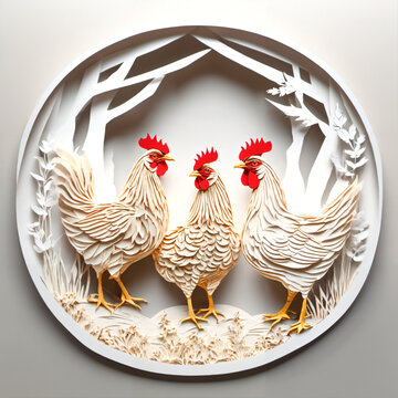 Papercut illustration of three french hens - 12 days of Christmas