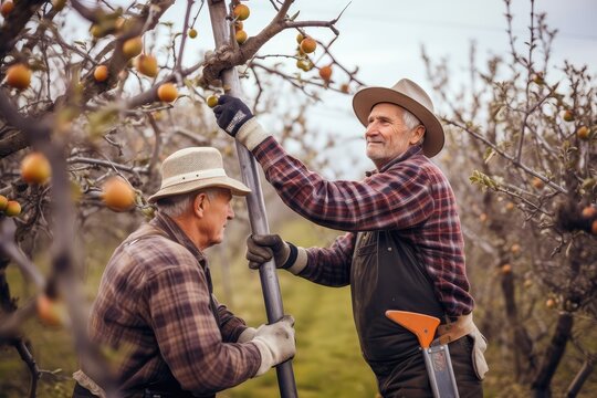 Elderly farmers prune trees. Photo generative AI