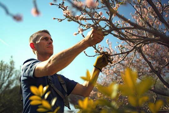 Sunny day: gardener pruning fruit trees. Photo generative AI