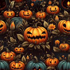 Halloween greeting card with a group of scary pumpkins at night. Seamless texture ornament