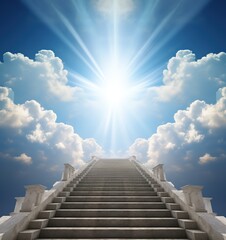 Marble staircase and clouds in blue sky with heavenly sun light, 3d render lot of steps concept freedom of spirit, attainment, love, religious symbol paradise Generative ai