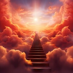Stairway leading up to sky among red clouds to radiant sun with heavenly light 3d render steps concept freedom of spirit, love, religious symbol paradise Generative ai