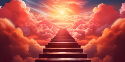 Stairway leading up to sky among red clouds to radiant sun with heavenly light 3d render marble steps concept freedom of spirit, love, religious symbol paradise Generative AI
