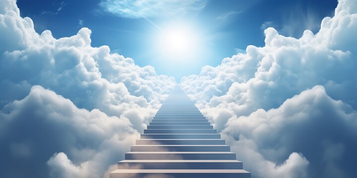 Stairway in blue sky among clouds to radiant sun with heavenly light 3d render marble steps concept freedom of spirit, love, religious symbol paradise Generative ai