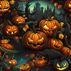 seamless texture ornament for background of festive Halloween greeting card with a group of scary pumpkins at night