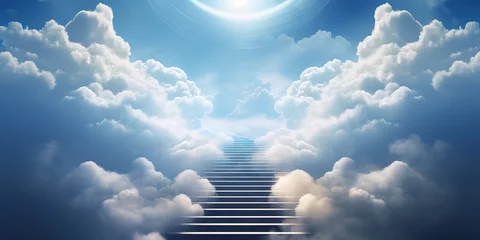 Foto op Canvas Stairway in blue sky among clouds with heavenly light 3d render marble steps concept freedom of spirit, love, religious symbol paradise Generative ai © Iaroslav Lazunov