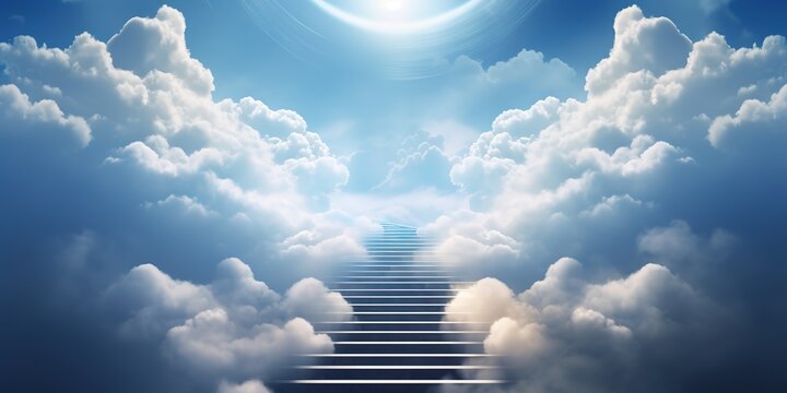 Stairway in blue sky among clouds with heavenly light 3d render marble steps concept freedom of spirit, love, religious symbol paradise Generative ai