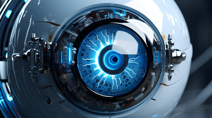 Robot or human eyeball close-up with blue pupil scanning an eye. Generative AI