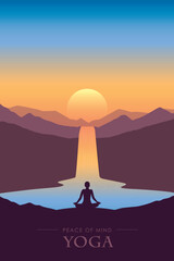 peace of mind yoga waterfall river tropical landscape at beautiful sunset vector illustration EPS10