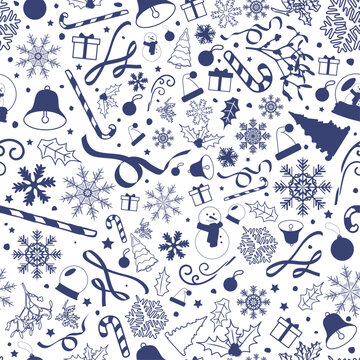 Christmas Seamless Pattern on white background with blue christmas elements. Cute and Big Group of christmas items. Blue Xmas pattern for backgrounds, print, gift wrapping, cards, backdrop. Vector Art