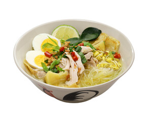 Soto Ayam, an Indonesian chicken noodle soup isolated on a transparent background
