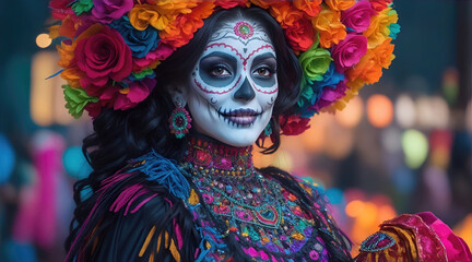 beautiful woman with painted skull on her face for Mexico's Day of the Dead