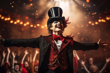 A man wearing a circus costume with a top hat on the background of lights in the circus. generative ai.