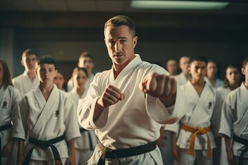 a karate coach shows students techniques. The concept of self-defense. generative ai.