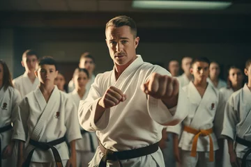 Poster a karate coach shows students techniques. The concept of self-defense. generative ai. © robertuzhbt89