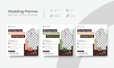 Luxurious Wedding planner social media post for event management online marketing. Styling Wedding planner social media ads design. Event management social media banner layout. Vol - 14