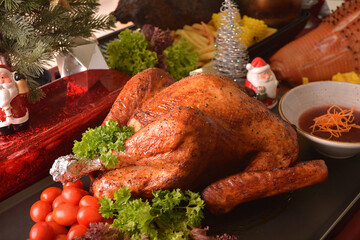 Merry Christmas happy season party buffet eve night with bbq roast whole turkey, honey pork ham,...