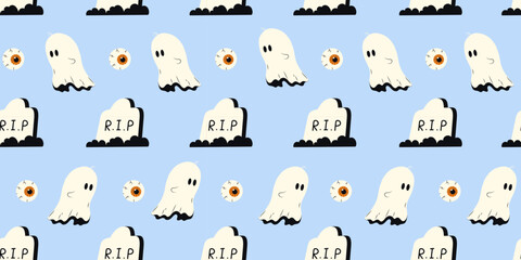 Naklejka premium Cute Halloween seamless pattern with ghost, tombstone and eyes on pink background. Halloween various elements. Pattern for wrapping paper and print design. Vector stock illustration in cartoon style.