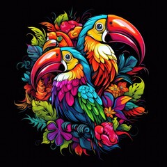 Fototapeta premium Toucan among flowers in colourful pop art style.