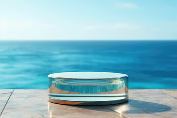 Abstract transparent round platform podium for cosmetic products. Glass circle presentation display stand on blue water and sky background. Front view - Powered by Adobe