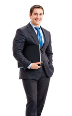Portrait photo of happy smiling young businessman with black folder, isolated over white background