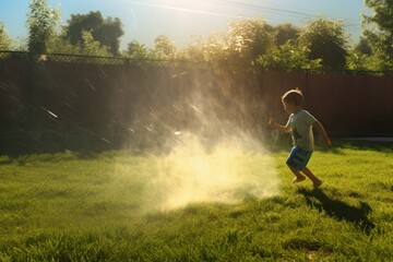 Water sprinkler fun, children playing under hot sun on grass. - obrazy, fototapety, plakaty
