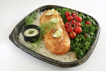 bbq baked salmon fish seafood pie wellington roll with vegetable salad and chef sauce in bento box in white background appetiser Christmas festival party halal food hotel cuisine restaurant menu