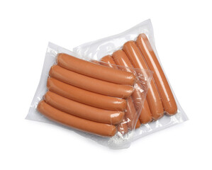 Packs of fresh raw sausages isolated on white, top view. Ingredients for hot dogs